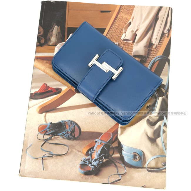TOD’S Double T 藍色金屬設計釦式牛皮中長夾(展示品)