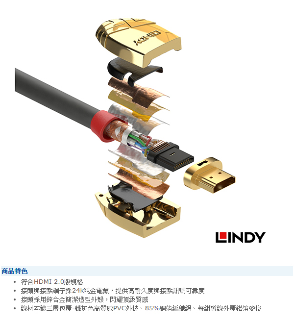 LINDY 林帝GOLD系列 HDMI2.0 A公 to 公 傳輸線 0.5M 37860