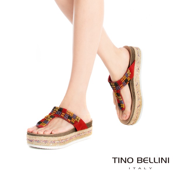 Tino Bellini 巴西進口民族風情珠飾藝術厚底夾腳涼拖鞋 _ 咖