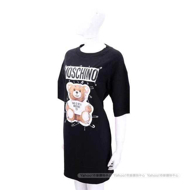 MOSCHINO 別針泰迪熊印花黑色短袖連身裙