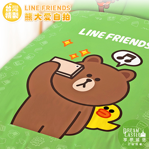 享夢城堡 單人冬夏兩用被套4.5x6.5-LINE FRIENDS 熊大愛自拍-灰.綠