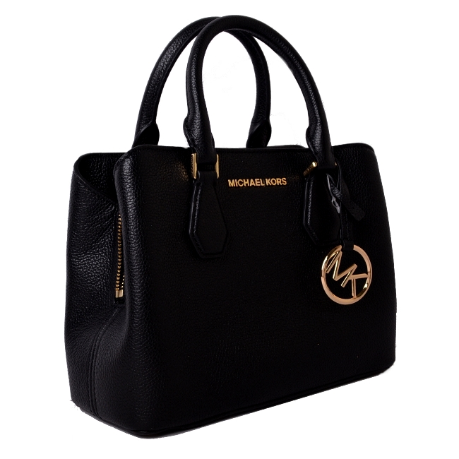 MICHAEL KORS CAMILLE金字LOGO荔枝皮三層手提/斜背包-黑(小)