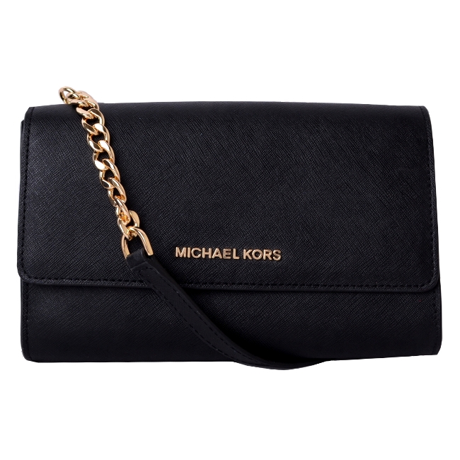 MICHAEL KORS JET SET金字LOGO防刮皮革斜背包附手拿包-黑