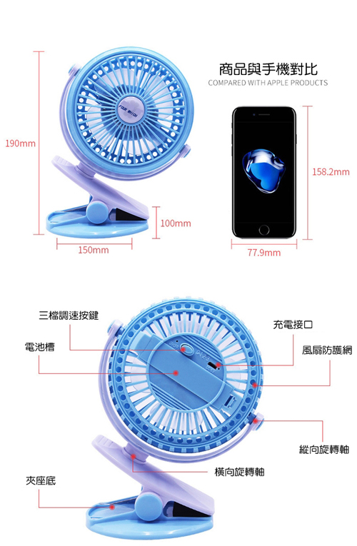 台夾式迷你360°旋轉USB充電靜音電扇 (共四款)