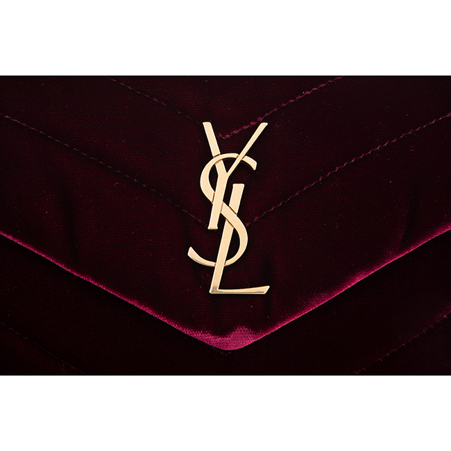 YSL 新款LOULOU金字絲絨材質縫線斜背/肩背包 (酒紅/小款)