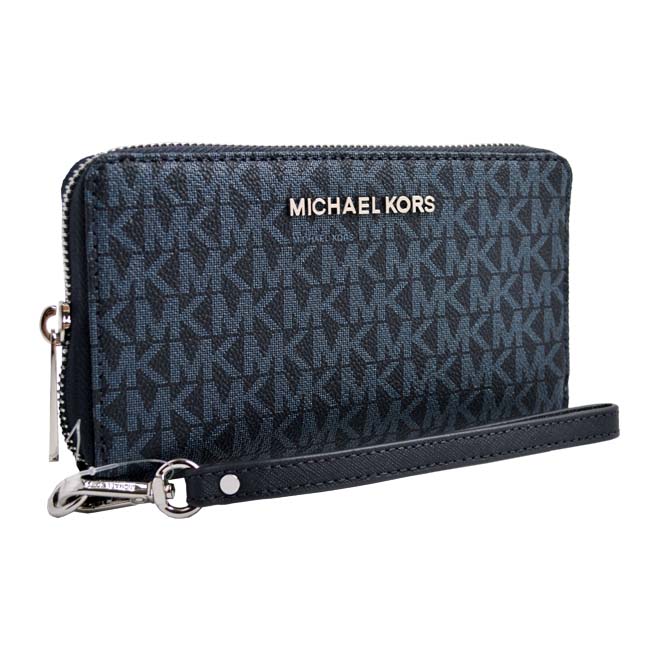 MICHAEL KORS JET SET TRAVE銀金字LOGO滿版防刮皮革皮夾-海軍藍