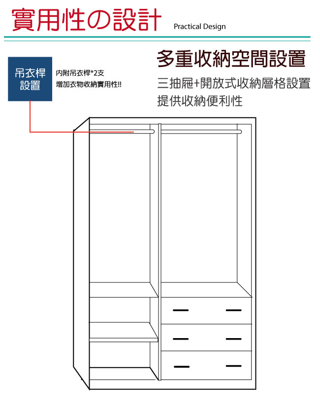 綠活居 卡比夫法式白3.8尺三抽衣櫃(吊衣桿)-113.5x56.5x200.5cm-免組