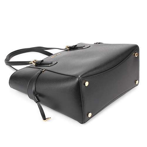 MICHAEL KORS Voyager 荔枝紋防刮皮革雙側抽繩口袋托特包-黑色