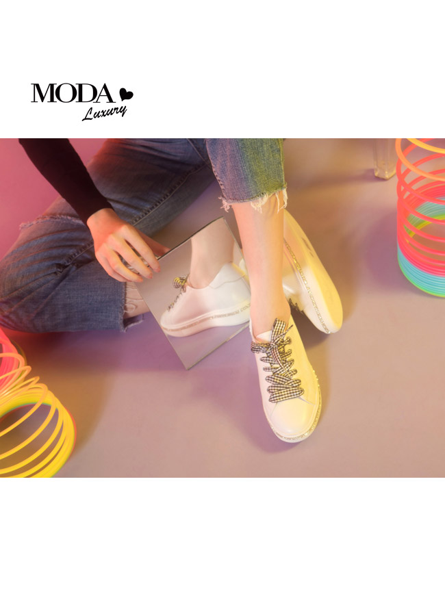 休閒鞋 MODA Luxury 街頭率性綁帶沖孔全真皮厚底休閒鞋－白