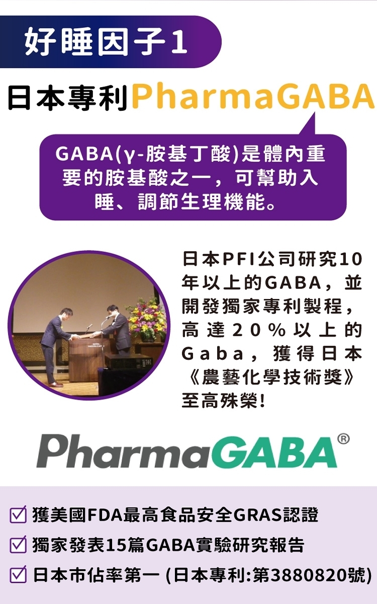 好睡因子1日本專利PharmaGABAGABA(y-胺基丁酸)是體內重要的胺基酸之一,可幫助入睡、調節生理機能。日本PFI公司研究10年以上的GABA,並開發獨家專利製程,高達20%以上的Gaba, 獲得日本《農藝化學技術獎》至高殊榮!PharmaGABAⓇ 獲美國FDA最高食品安全GRAS認證 獨家發表15篇GABA實驗研究報告 日本市佔率第一(日本專利:第3880820號)