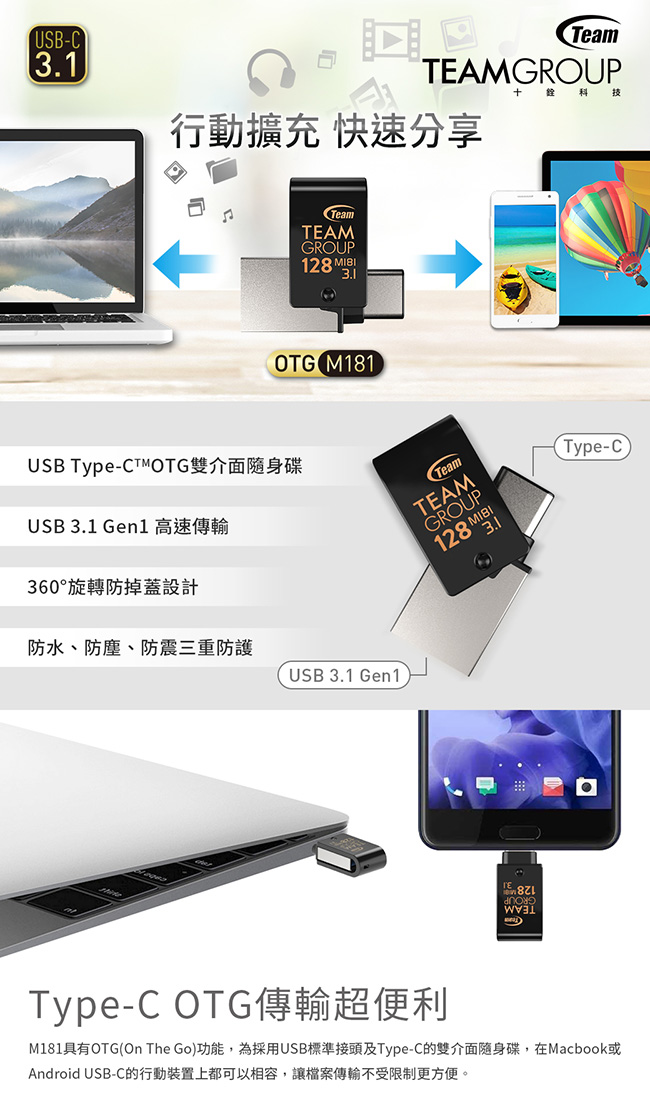 TEAM十銓 USB3.1 Type-C 128G OTG 隨身碟(M181)