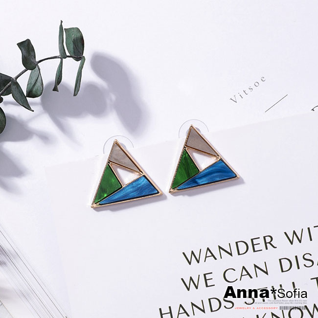 【3件5折】AnnaSofia 韓流絢光色塊 耳針耳環(三角-藍綠灰系)