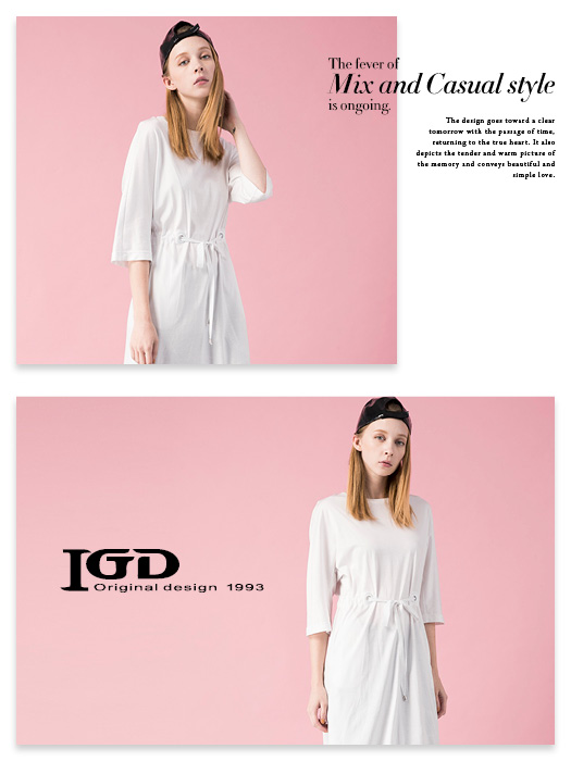 IGD英格麗 純棉簡約收腰綁帶洋裝-白色