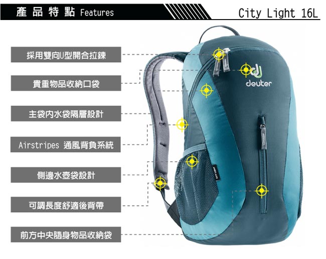 德國 Deuter City Light 16L 輕量級拔熱透氣休閒背包_藍/灰藍