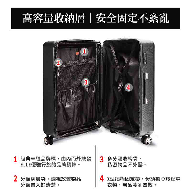 ELLE 裸鑽刻紋系列-28吋經典橫條紋ABS霧面防刮行李箱-優雅黑侍EL31168