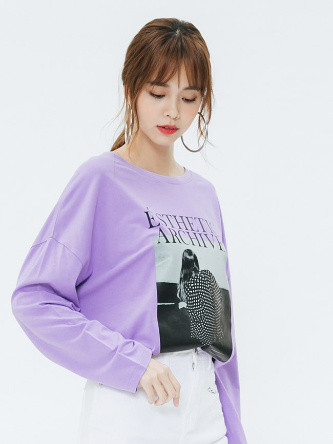 H:CONNECT 韓國品牌 女裝-黑白圖印長袖T-shirt-紫