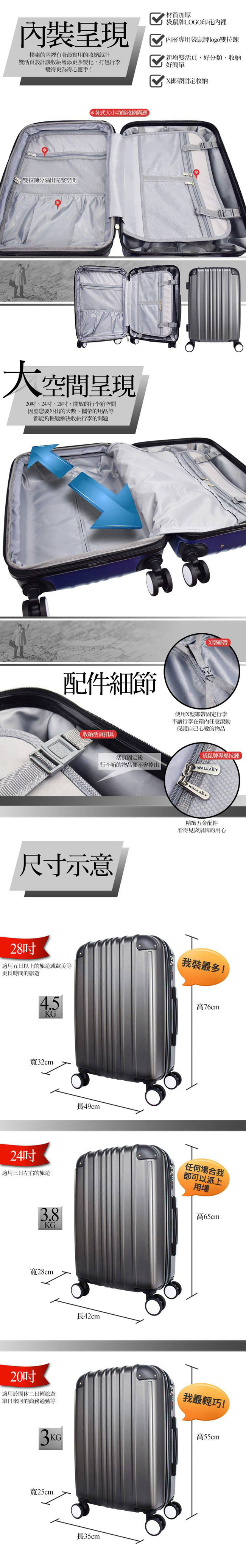 WALLABY 袋鼠牌 24吋ABS 經典直條紋 拉鍊行李箱 鐵黑色