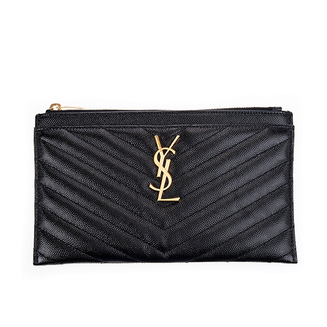 YSL 經典MONOGRAM系列V字縫線魚子醬牛皮金色LOGO拉鍊手拿包 (黑色)