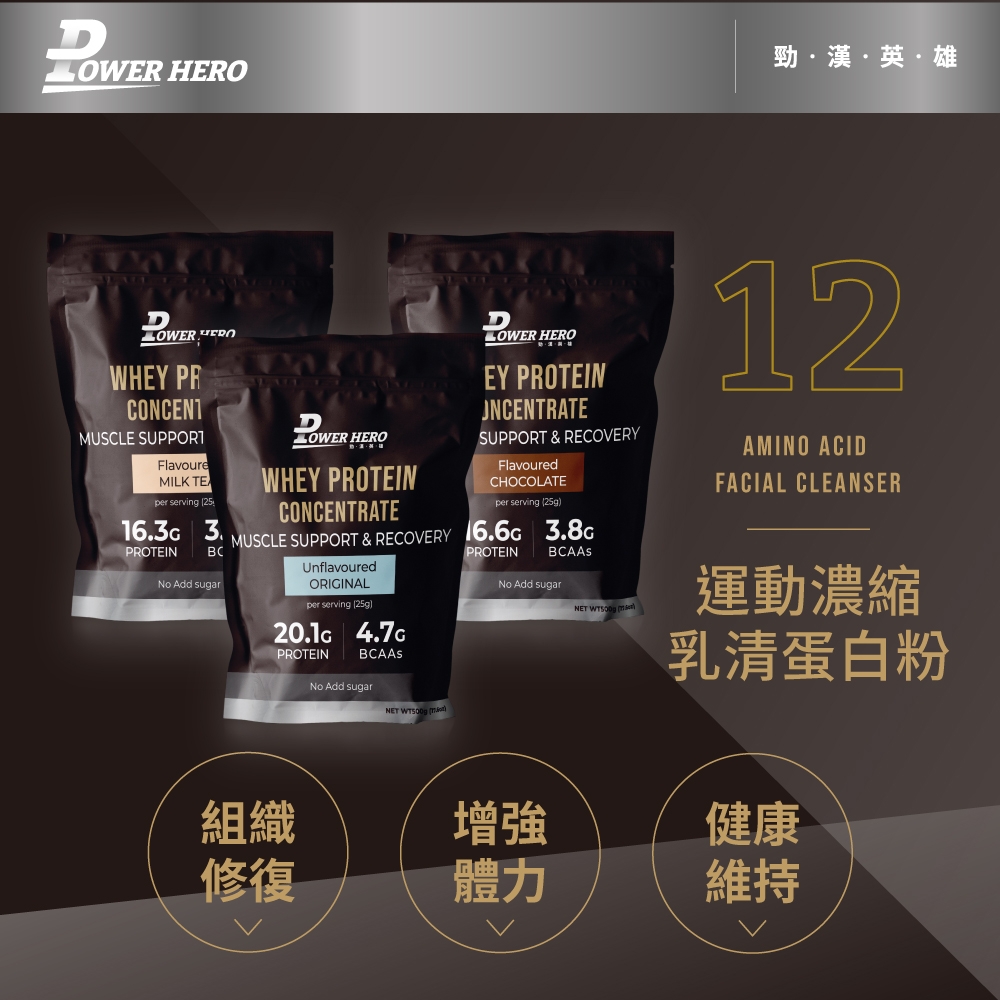 OWER 勁漢英·雄 HEROWHEY PRCONCENTMUSCLE SUPPORTFlavoureMILK TEper serving 251633.PROTEINBCNo Add sugar HEROWHEY PROTEINCONCENTRATED HEROEY PROTEINJNCENTRATESUPPORT & RECOVERYFlavouredCHOCOLATEper serving (25gMUSCLE SUPPORT & RECOVERY 16.6 3.8cUnflavouredORIGINALper serving (25g)20.c 4.7cPROTEINBCAAsNo Add sugarNET  PROTEINBCAAs12AMINO ACIDFACIAL CLEANSERNo Add sugarNET  運動濃縮乳清蛋白粉健康組織增強修復體力維持