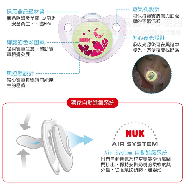 NUK夜光矽膠安撫奶嘴-初生型0m+2入(顏色隨機出貨)