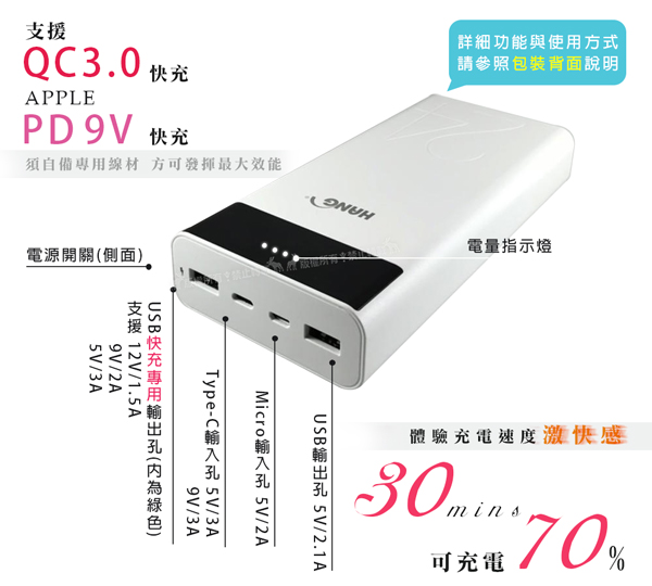 HANG 34000 大容量行動電源 支援蘋果PD 9V快充 QC3.0充