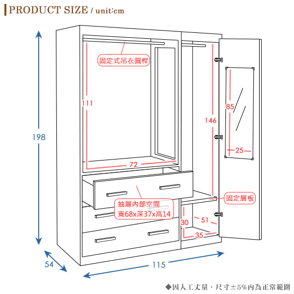 Homelike 艾斯4x7衣櫃(原木拼色)-115x54x198cm