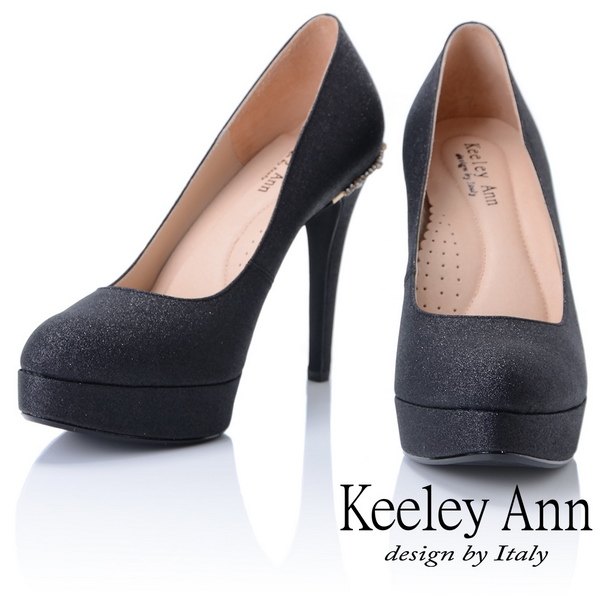 Keeley Ann 高雅出眾~雅緻寶石點綴真皮軟墊新娘晚宴高跟鞋(黑色)