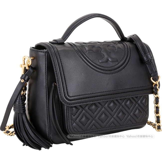 TORY BURCH Fleming 菱格絎縫流蘇飾手提肩背鍊帶包(黑色)