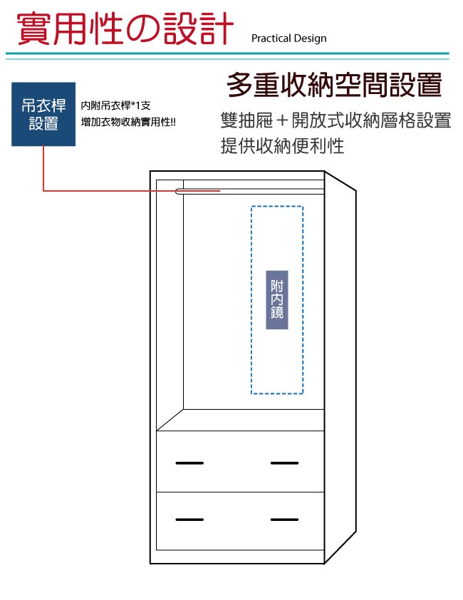 綠活居 卡比夫2.8尺二抽衣櫃(吊衣桿＋穿衣鏡)-83.5x57.5x178cm-免組