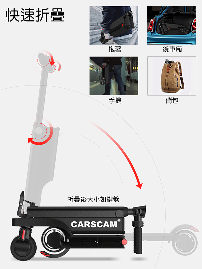 CARSCAM 6AH高電量 音樂精靈雙避震全折疊迷你電動滑板車-贈專用背包