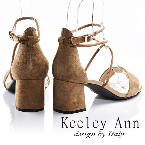 Keeley Ann 韓式風潮~交叉細帶素色真皮粗跟涼鞋(棕色-Ann)
