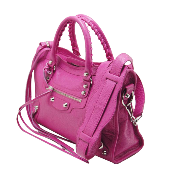 BALENCIAGA City S 小羊皮銀釦機車包(粉色)
