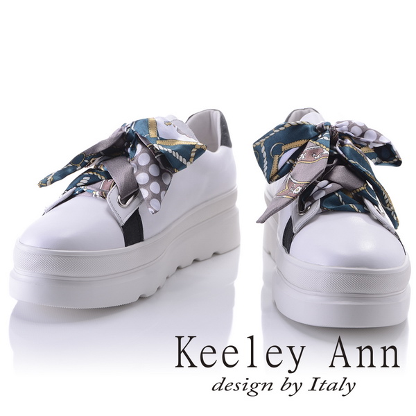 Keeley Ann 甜心假期~渡假風綁帶閃耀設計全真皮厚底休閒鞋(白色-Ann)