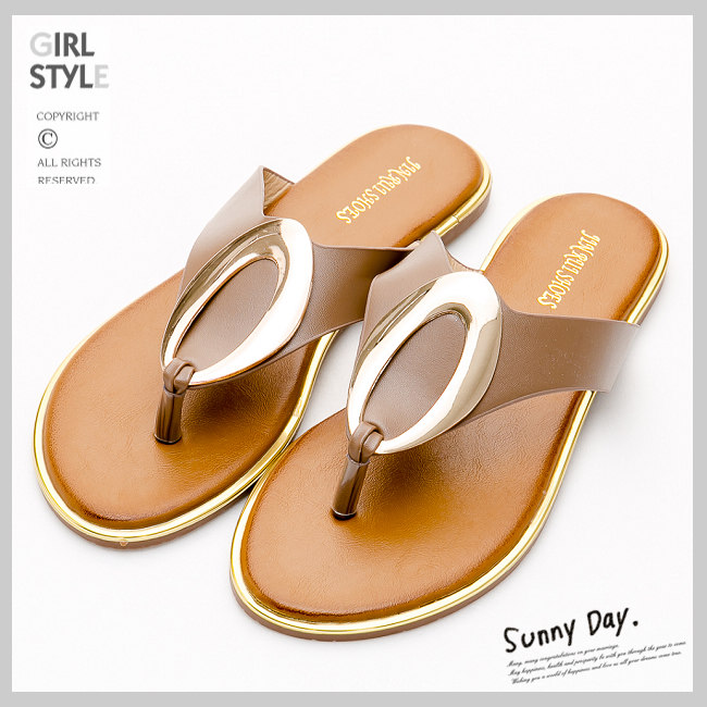 River&Moon中大尺碼-金屬橢圓夾腳飾金邊涼拖鞋-卡其灰