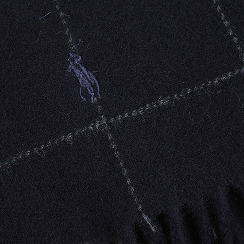 RALPH LAUREN POLO 義大利製小馬刺繡雙面配色格紋羊毛圍巾(黑色底)
