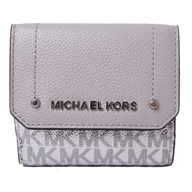 MICHAEL KORS HAYES 荔枝紋拼接滿版LOGO皮革信封式壓釦三折短夾-珍珠灰