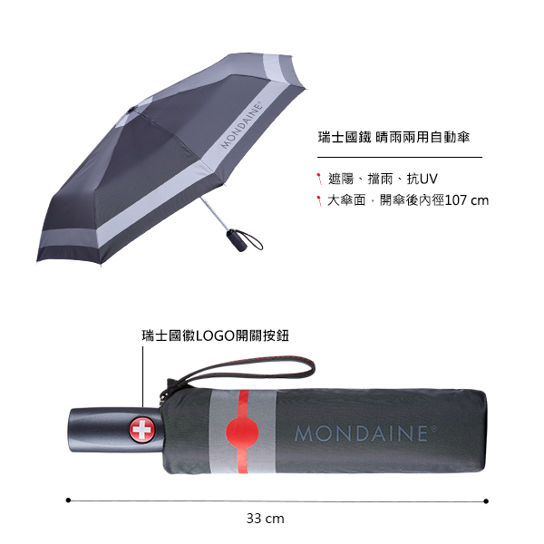 MONDAINE 瑞士國鐵晴雨兩用自動傘-深灰