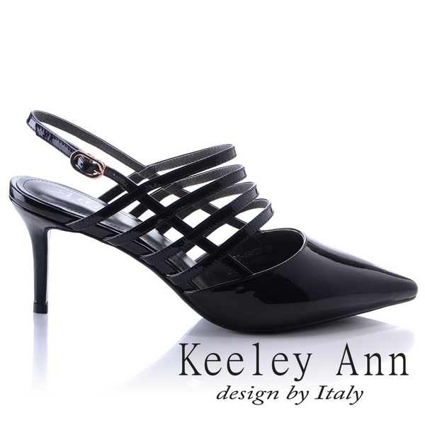 Keeley Ann 羅馬假期~鏤空條紋金屬釦真皮高跟尖頭鞋(黑色-Ann)