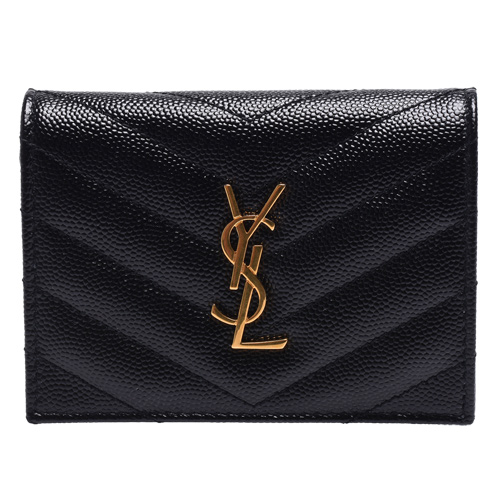 YSL MONOGRAM系列金色LOGO V字縫線魚子醬牛皮暗釦對折短夾(黑)