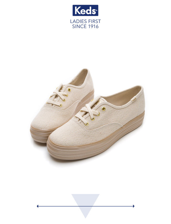 Keds TRIPLE 金蔥帆布綁帶厚底休閒鞋-米/金