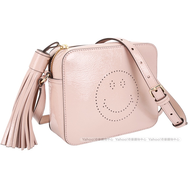 ANYA HINDMARCH Smiley 漆皮笑臉流蘇相機包(玫瑰粉)