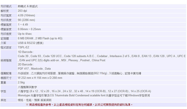 條碼列印機TSC TTP-244 PRO/USB介面送二維條碼掃描器DK-5006