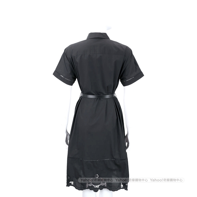 Max Mara 織花縷空黑色附皮帶襯衫式短袖洋裝