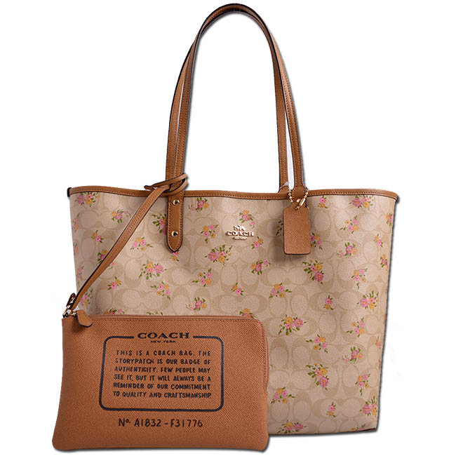 COACH 經典滿版LOGO玫瑰花紋防刮皮革雙面用肩背托特包-卡其x焦糖色 (附手拿包)