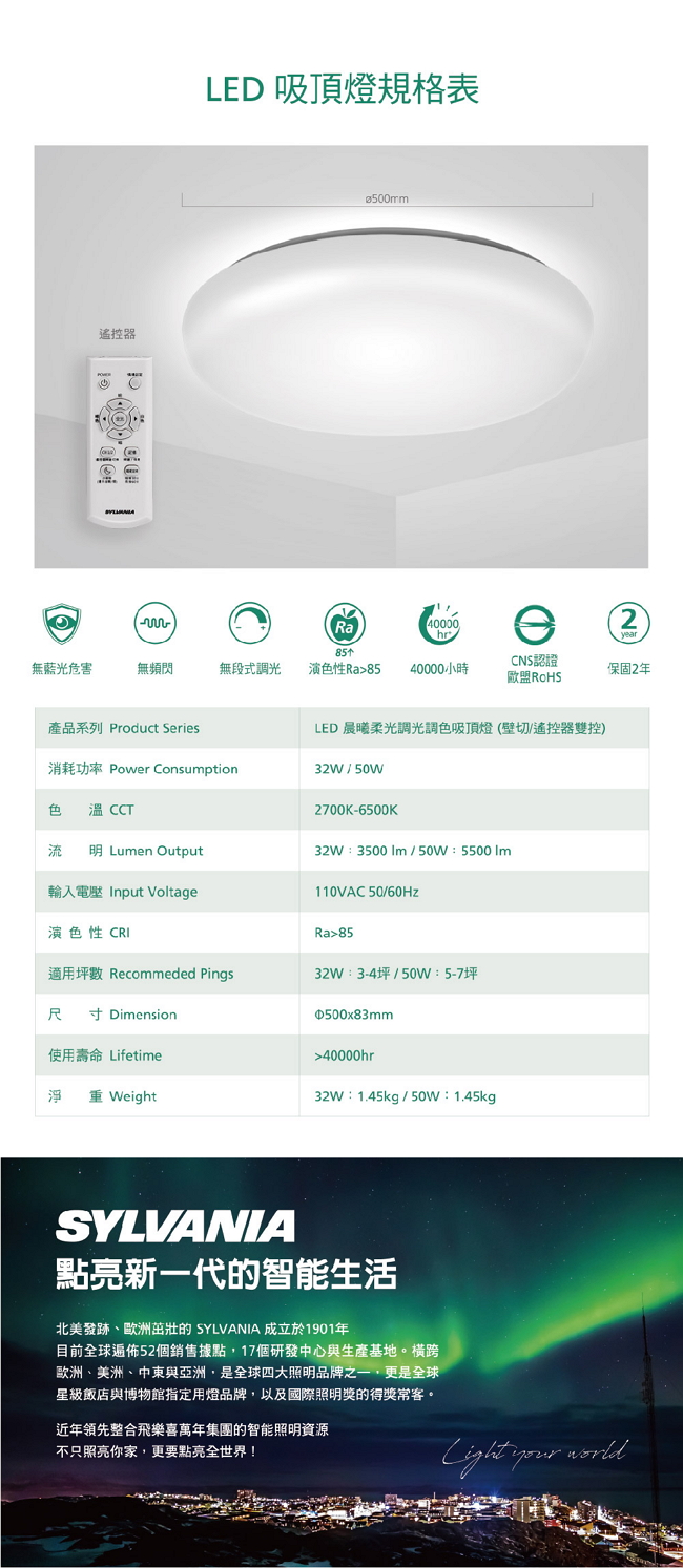 喜萬年SYLVANIALED晨曦柔光50W調光調色吸頂燈