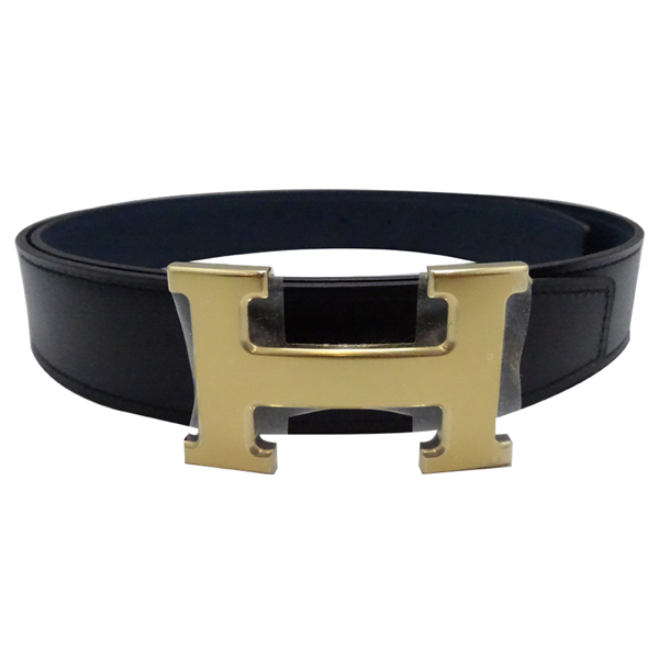 HERMES 金色H LOGO雙面用小牛皮腰帶/皮帶(黑x藍95公分)