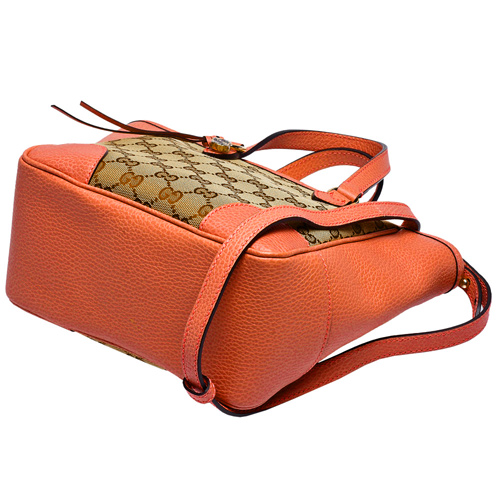 GUCCI 經典GG緹花布皮革飾邊手提/斜背包(橘)