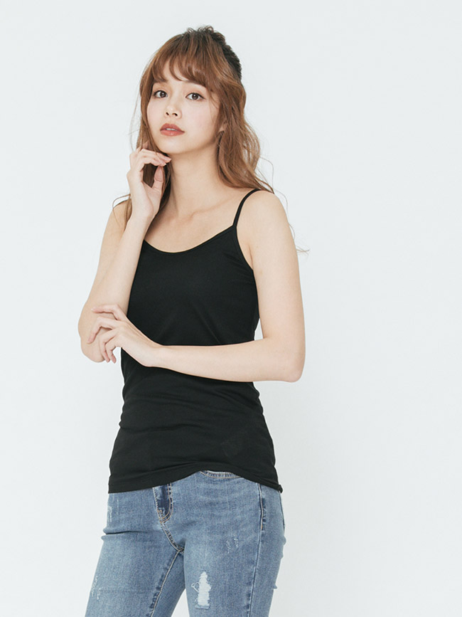 H:CONNECT 韓國品牌 女裝-純色圓領細肩背心-黑