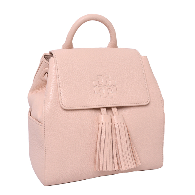 TORY BURCH THEA 流蘇飾荔枝紋精緻LOGO翻蓋束口後背包-芭蕾粉(mini)