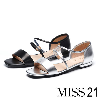 涼鞋 MISS 21 個性曲線一字造型拼接羊皮平底涼鞋－黑